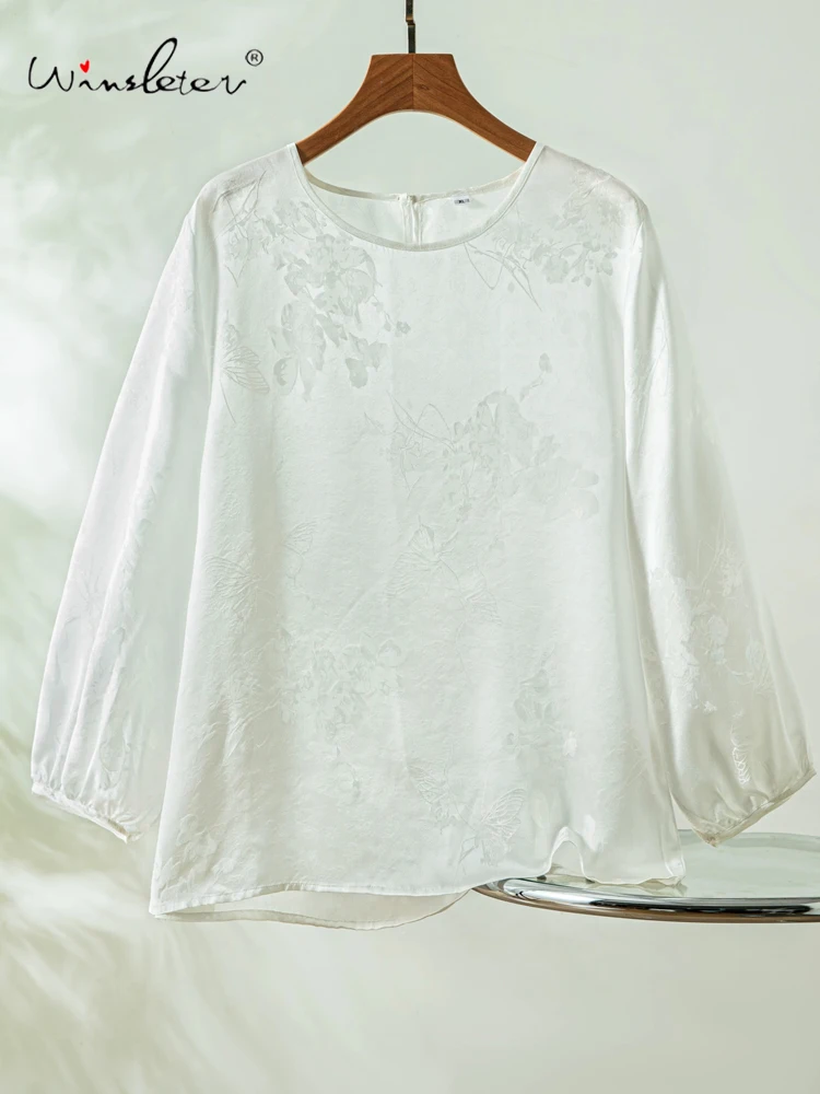 Winsleter-100%Real Silk Elegant T-Shirt, Long Sleeve Jacquard Satin, Women Skin-friendly Commute Loose Top, 2026 Summer T64067CC