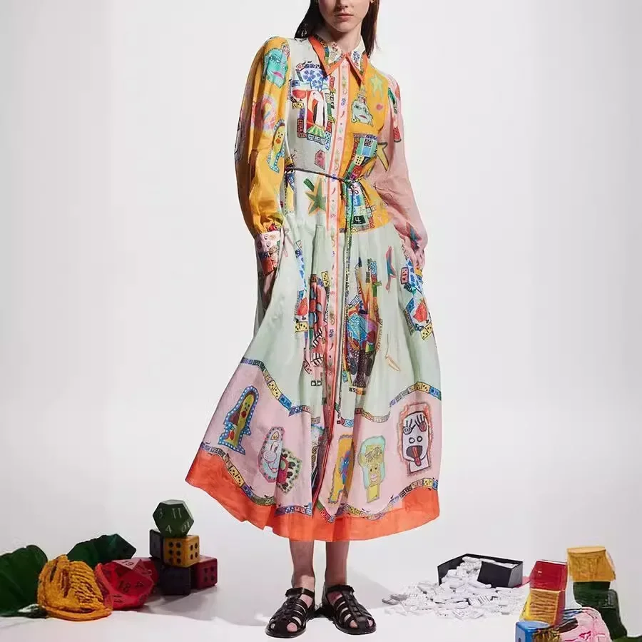 Elegant 2024 Women Vintage Print Maxi Dress Fashion Chic Trend Autumn with Belt Holiday Lantern Sleeve Long Dresses Female Robe