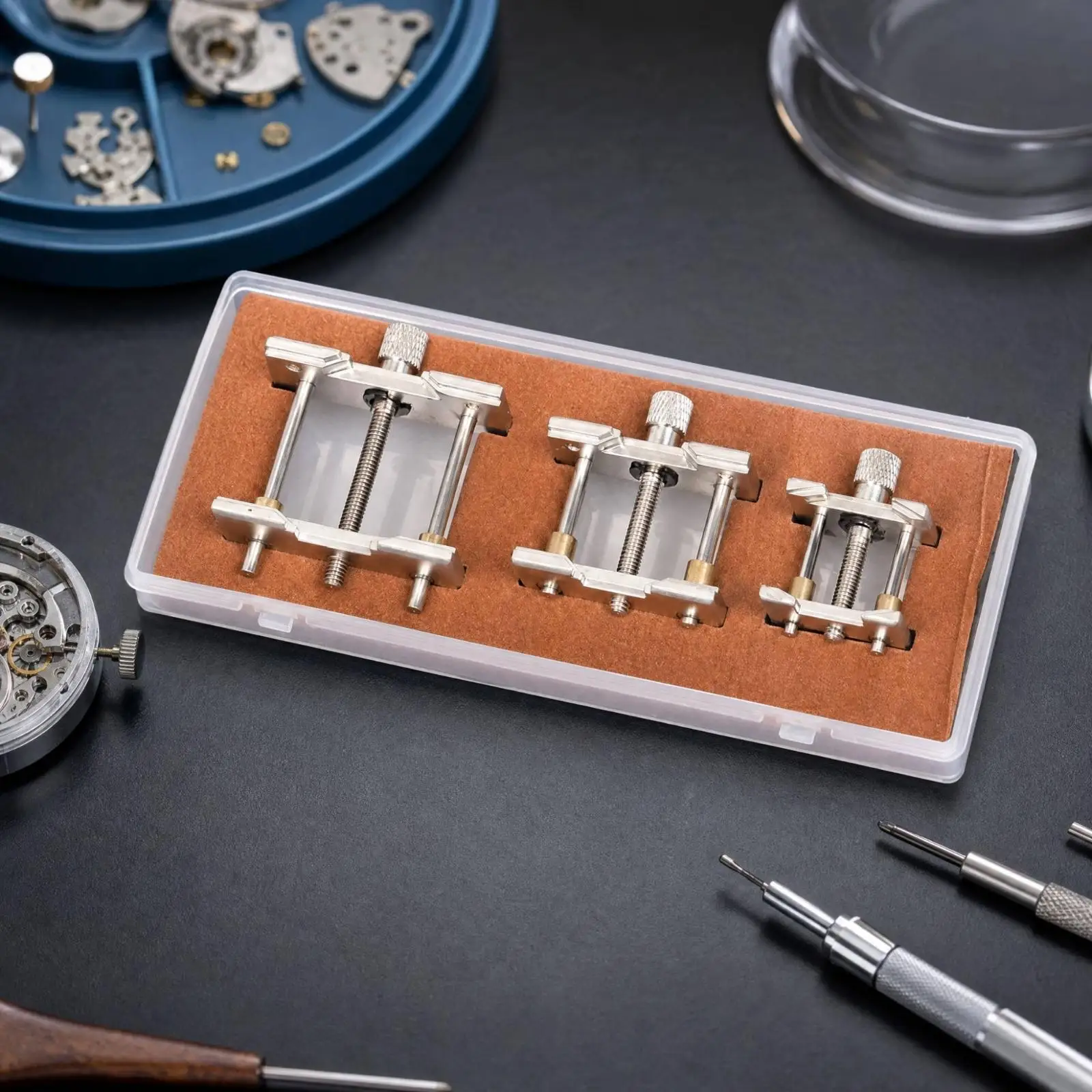Watchmaker Movement Holding Tool with Adjustable Grip for Delicate Watch Work Includes Clear Storage Case