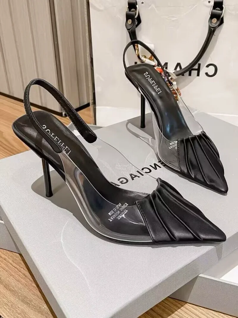 Footwear Pointed Toe Ladies Shoes Transparent Clear Summer 2024 Black Sandals for Women Closed Super-high Heel The Best Designer