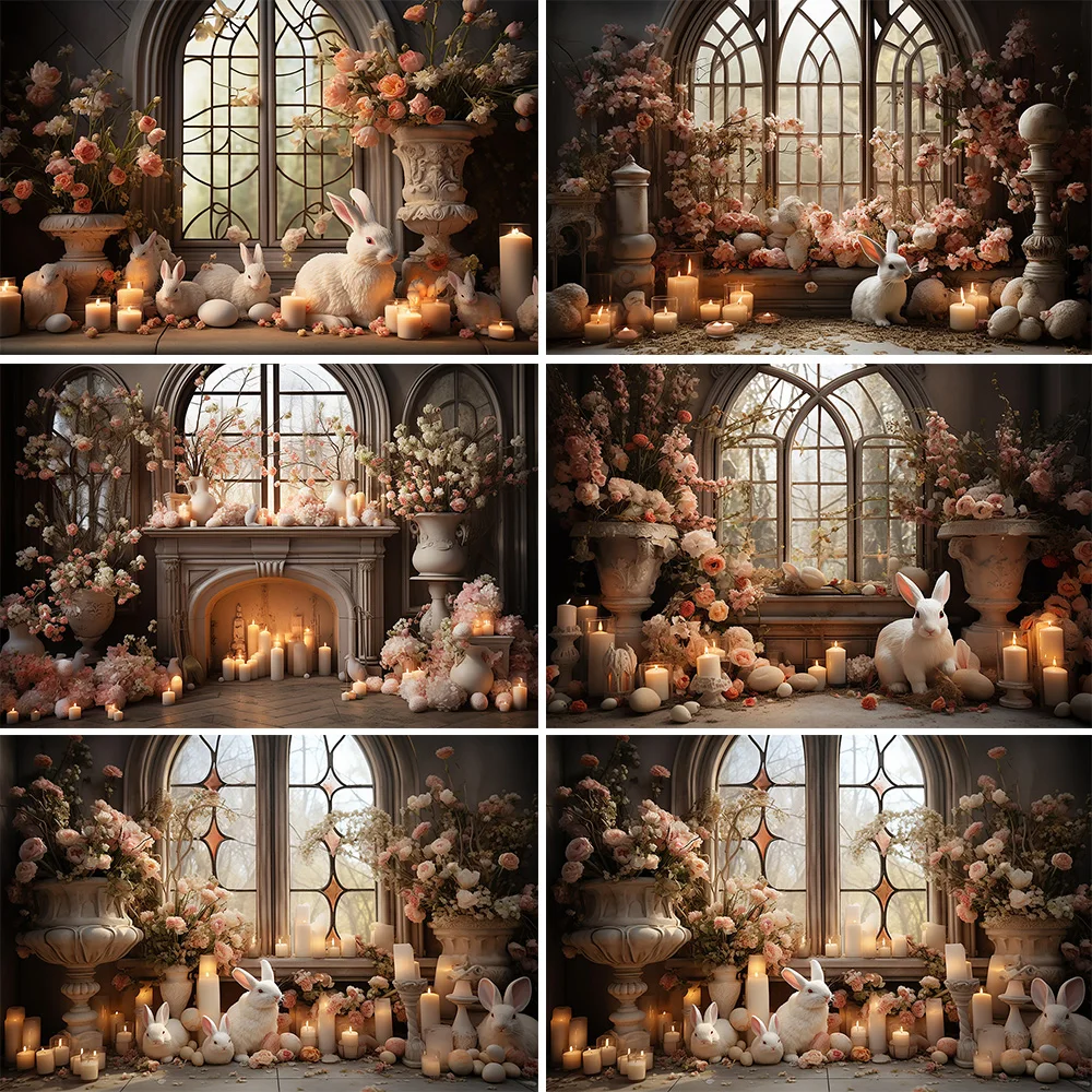 

Easter Retro Palace Backdrop Arched Window Flowers Candle Background Decor Spring Bunny Baby Newborn Cake Smash Photo Studio