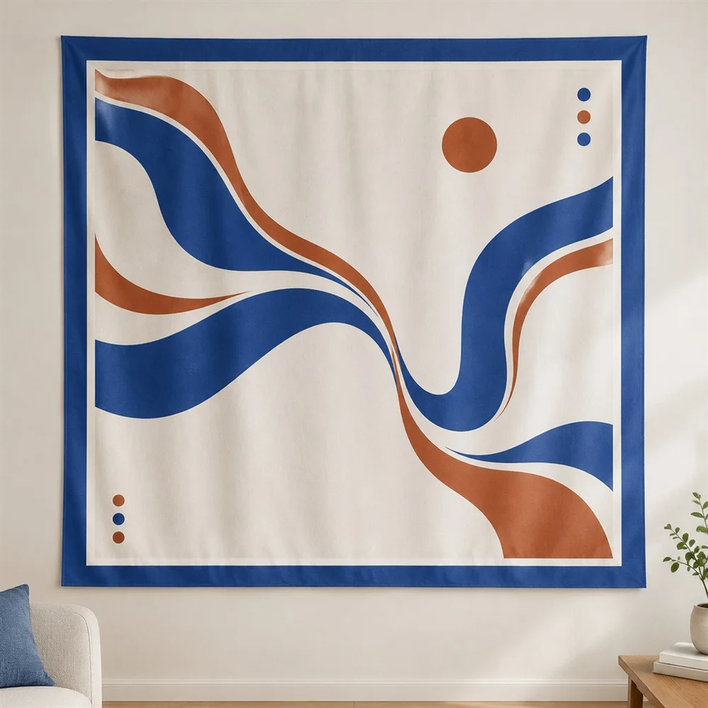 VIKAMA Organic Curves Border Frame Tapestry Wall Hanging, Modern Wall Art Tapestries for Kitchen Dining Room Living Room Sunroom
