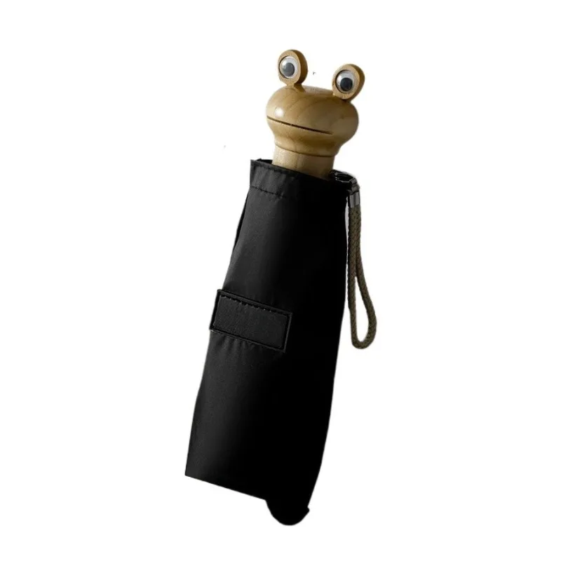 Sun Umbrella Woman UV Protection, Frog Wooden Handle Cute Umbrellas Sunshade, Windproof 420T Pocket Mini Umbrella