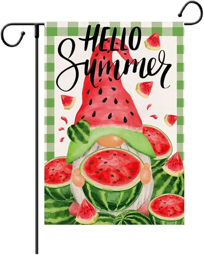 Hello Summer Watermelon Garden Flag 12.5 x 18 Inch Summer Gnome Decorative Double Sided Burlap Flag For Summer Holiday Farmhouse