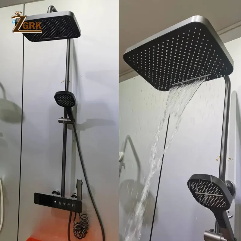 Imagem -02 - Conjunto de Chuveiro Termostático para Banheiro Funções Chuveiro Piano Pistola de Cachoeira Display Digital Cinza Creme e Sistema de Chuveiro Branco