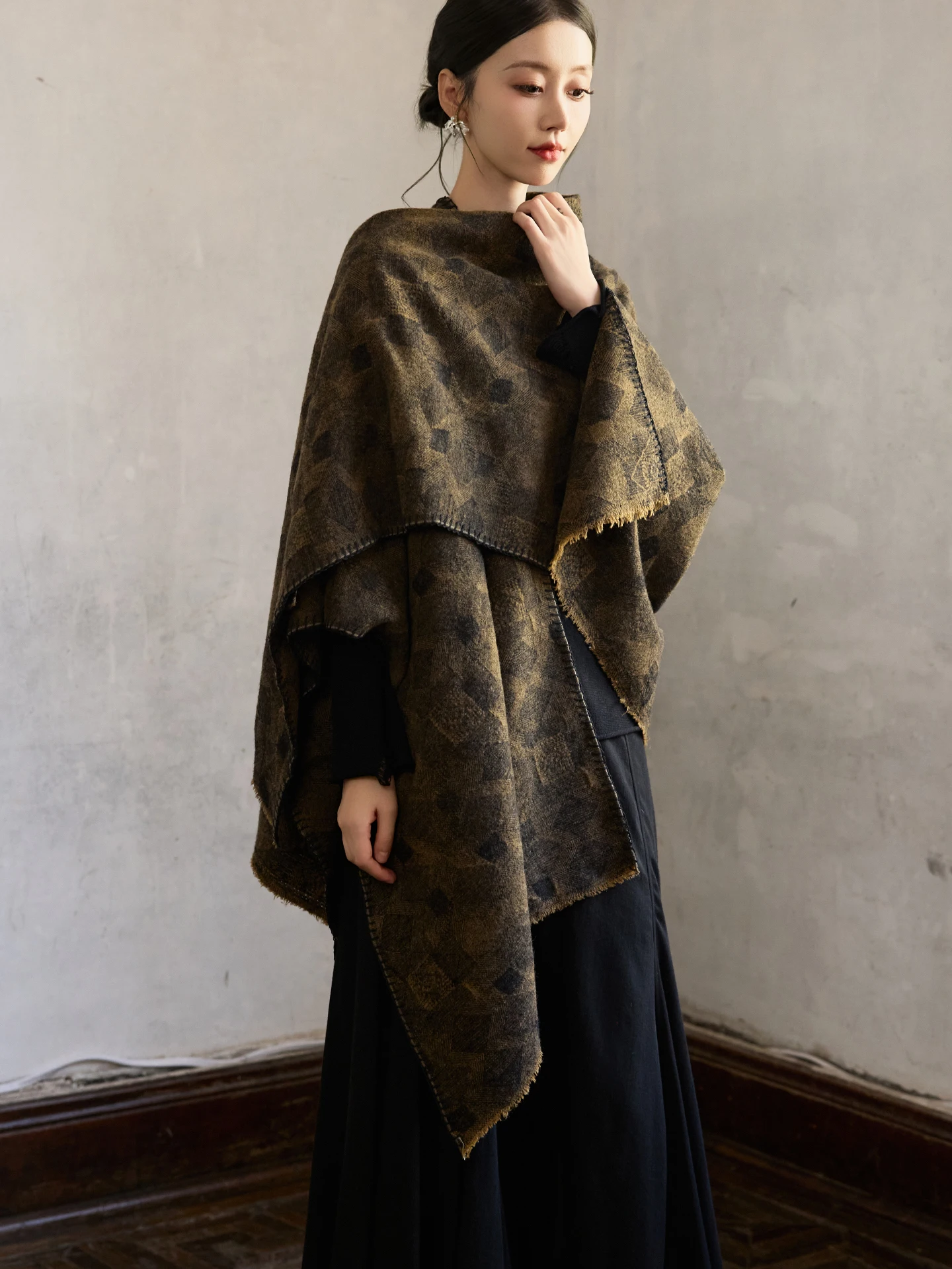 

ONMOON Антикварный шерстяной шарф-накидка ручной работы с ромбовидным узором, осенне-зимний, женский, модный, утепленный, без ворса.