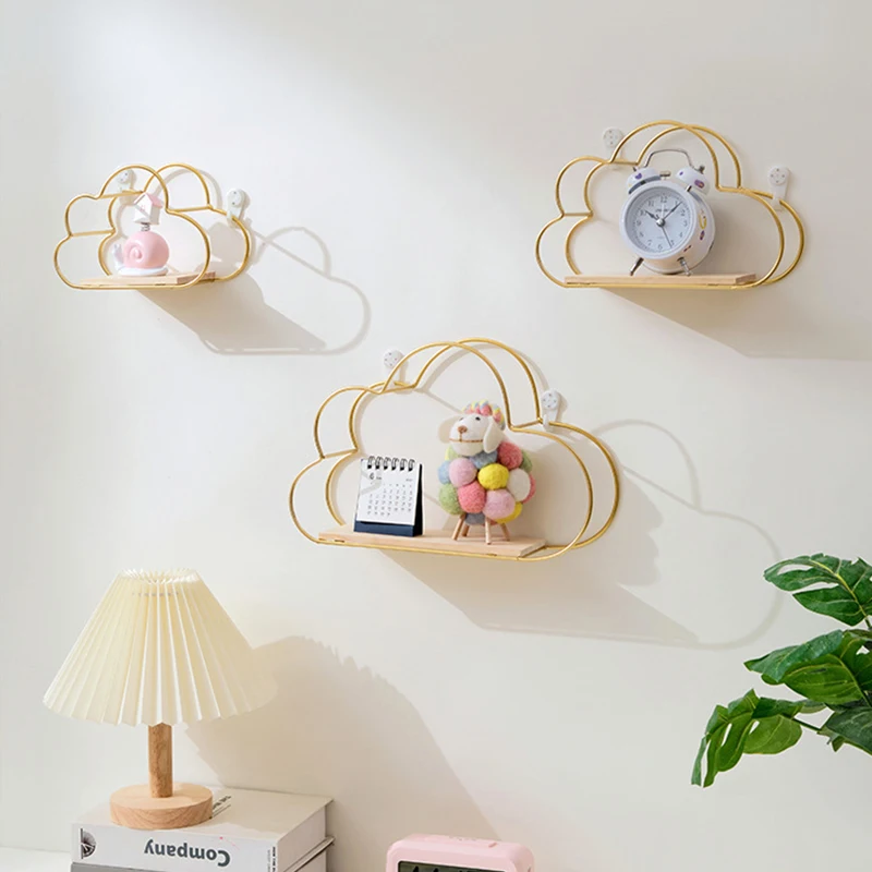 

Nordic Style Home Wall Decoration Cloud Shape Shelf Creative Iron Wall Shelf Wooden Clapboard Children Room Decor Display Stand