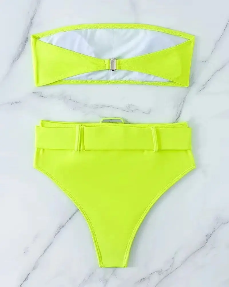 Bandeau Bikinis 2024 Women Sexy High Waisted Swimsuit Neon Pink Swimwear Female Bathers Bathing Swimming Swim Suit Beachwear