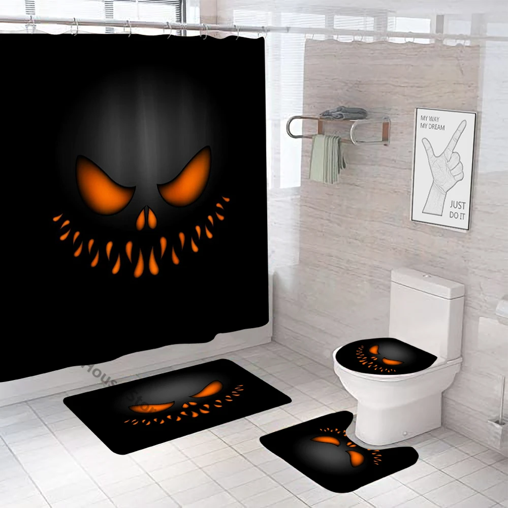 Halloween Shower Curtain Set Cartoon Cute Cat Owl Waterproof Polyester Fabric Bathroom Toilet Lid Cover Mat Rug Bath Home Decor