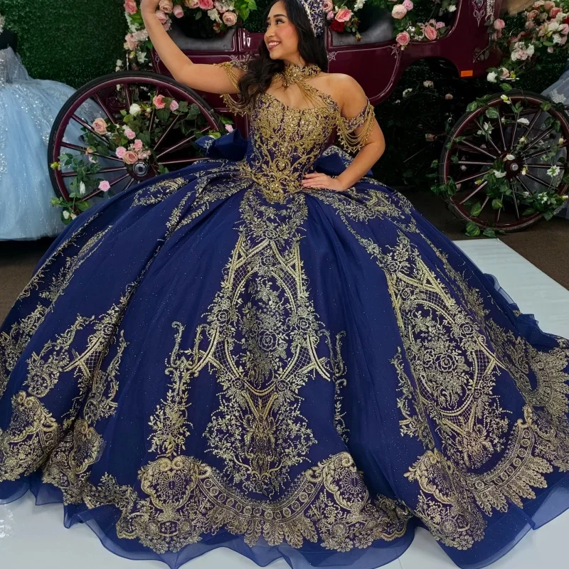 

Shiny Dark Blue Quinceanera Dress off-shoulder Golden Glitter Crystal Decal Long tail Bow vestidos de 15 Quinceanera ﻿Customize