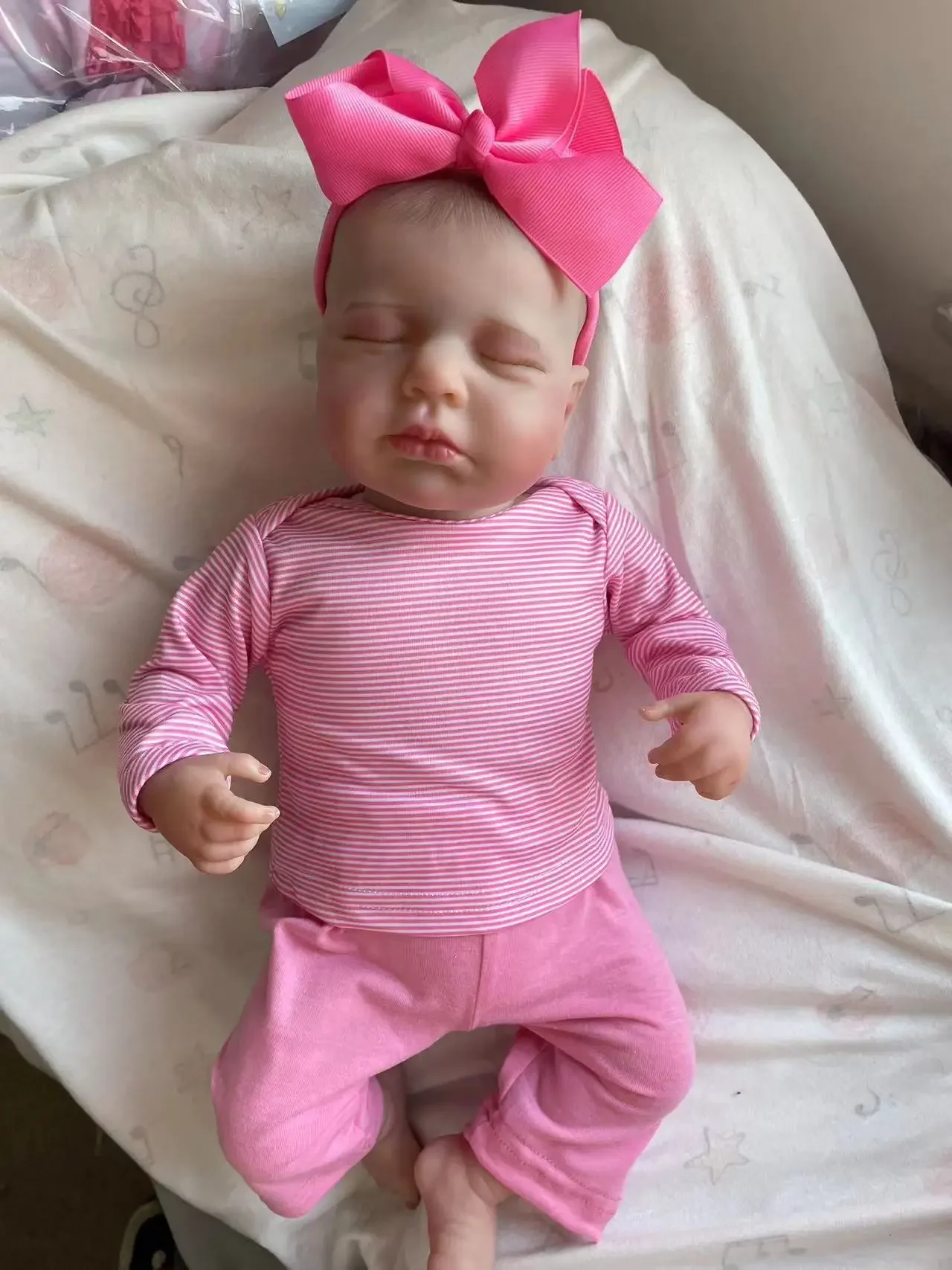 Clearance 19inch Loulou Asleep Newborn Baby Girl Doll Soft Cuddly Body Lifelike 3D Skin with Visible Veins Handmade Doll Toy