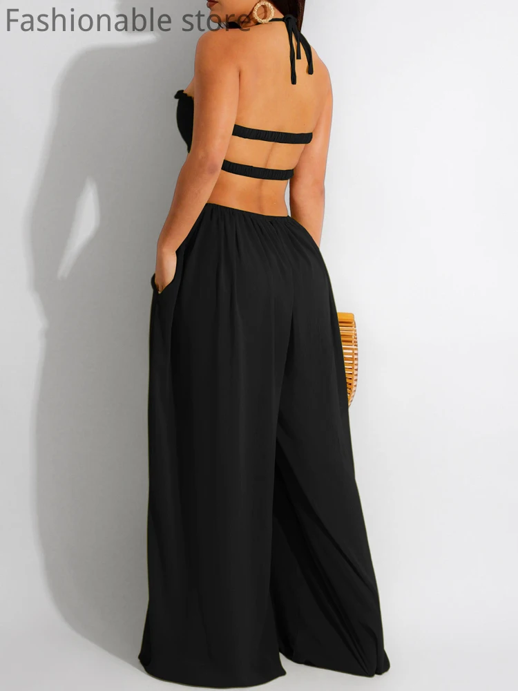 Chiffon Halter Lace-Up Sleeveless Wide Leg Jumpsuits