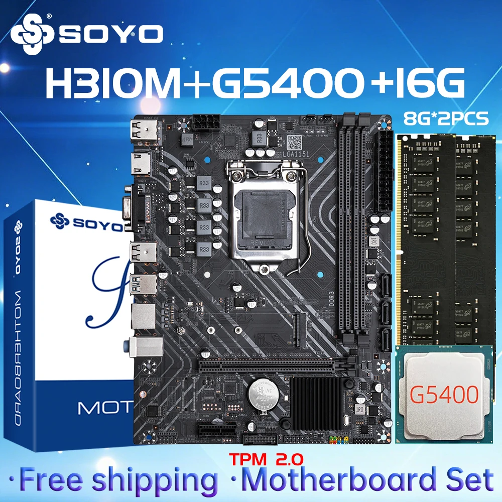 Placa Base SOYO H310M DDR3 con CPU G5400, 16G (8G*2) RAM, Intel LGA1151, TPM2.0, Kit de Computadora Xeon, PCGAME, PCIE3.0*16, Placa Principal de Escritorio