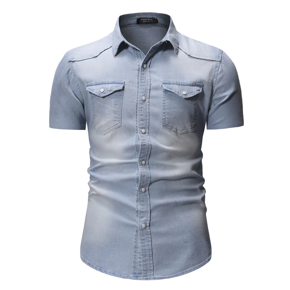 2023 Summer New Simple Men Denim Shirt Casual Business Mens Short Sleeve Shirts Fashion Polo Collar Male Tops