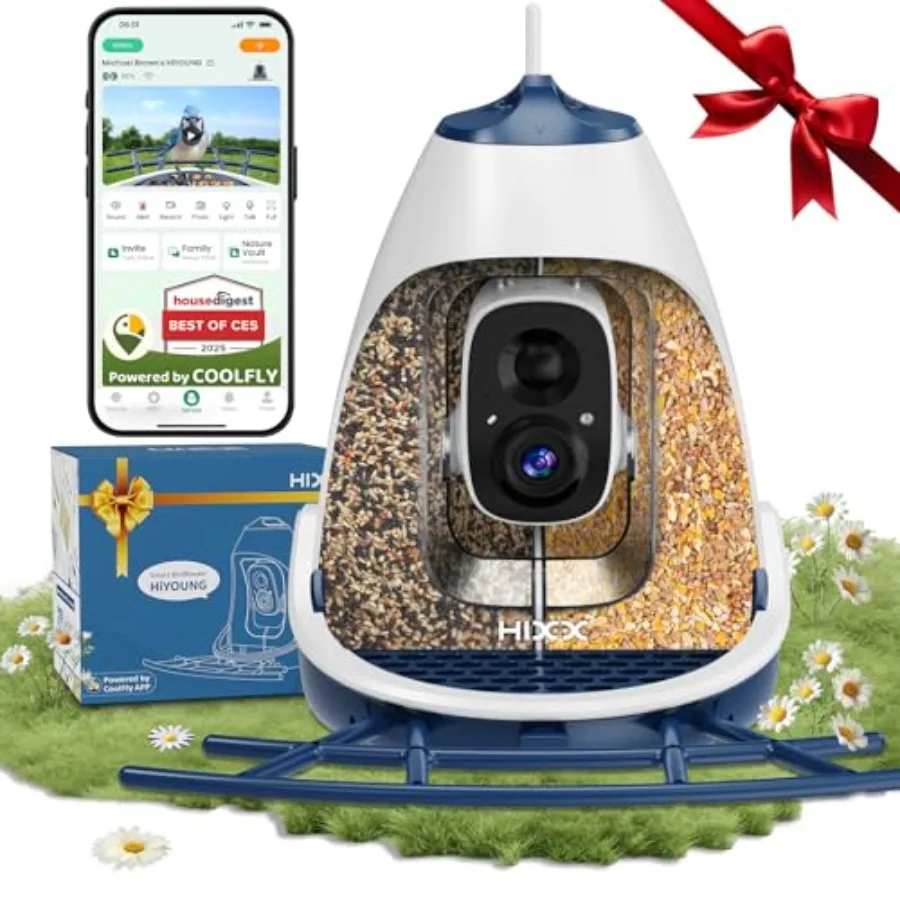 

Outdoor smart bird feeder with solar power, ABS plastic, black, 2K HD camera, dual chambers, spill-resistant design, motion ale