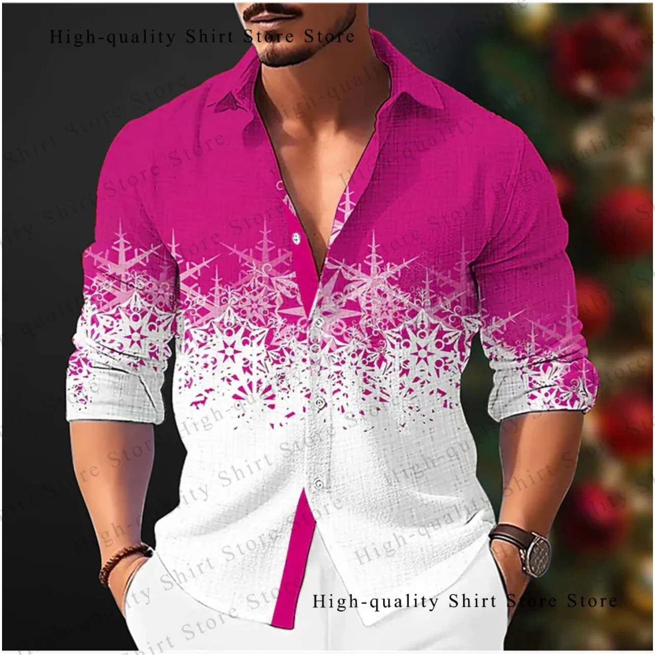 9-color snowflake men\'s breathable Christmas shirt, lapel long sleeved shirt, fashionable men\'s Christmas clothing