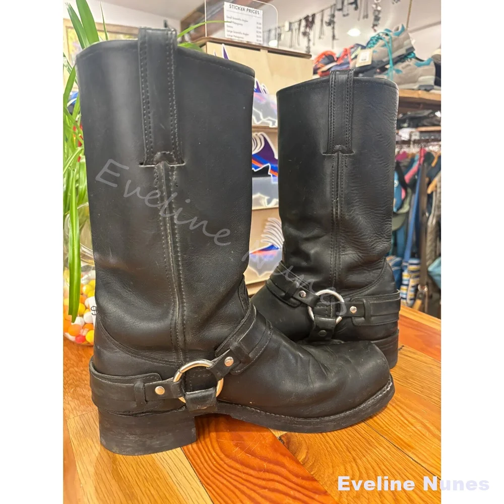 Vintage Distressed Black Leather Biker Boots Men Square Toe O Ring Metal Buckle Strap Mid Calf Low Heel Motorcycle Riding Boots