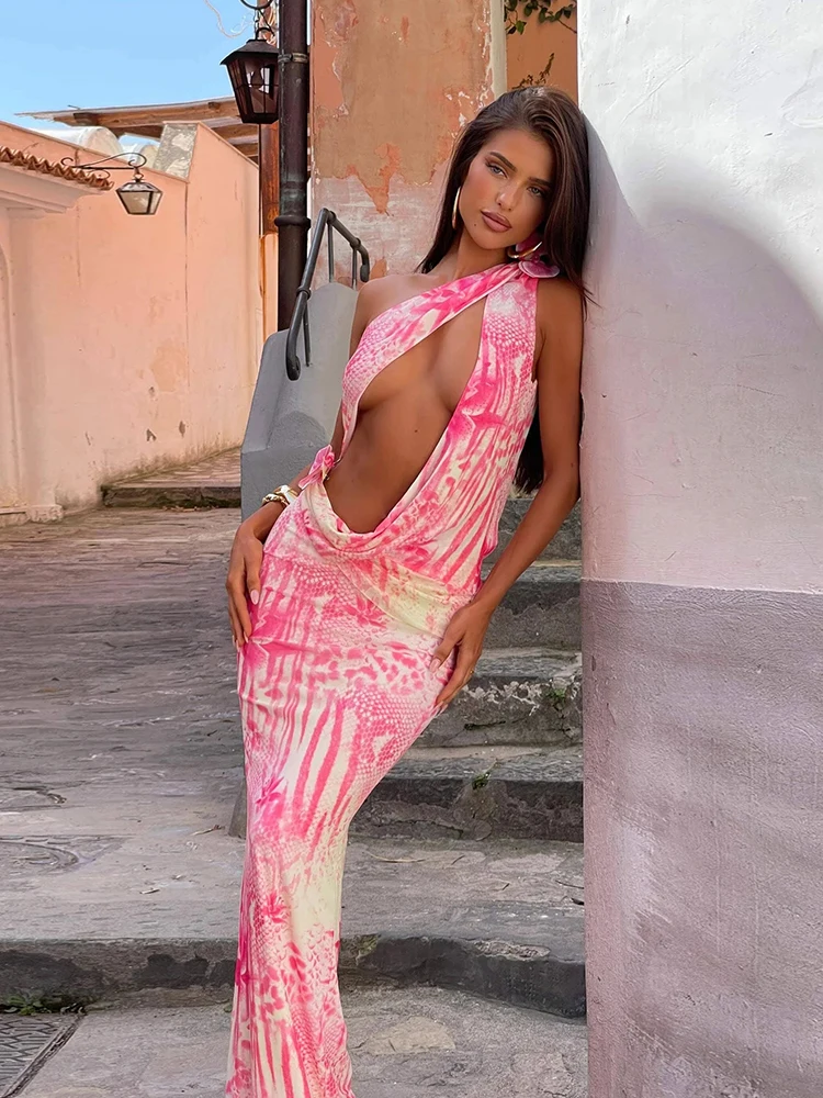 Macheda Irrégulière Creux Tie-Dye Imprimer Robe Femmes Fleur Appliques Skew Col Dos Nu Vacances Tendance Plage Partie Longue Moulante