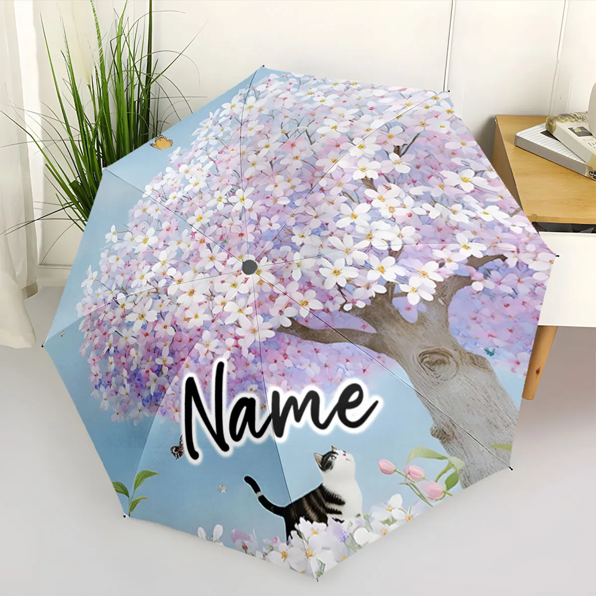 Custom Name Floral Umbrella with Cat and Butterfly Design Print 8 Iron Ribs Folding Umbrella Auto-Open Fashion Sunshade