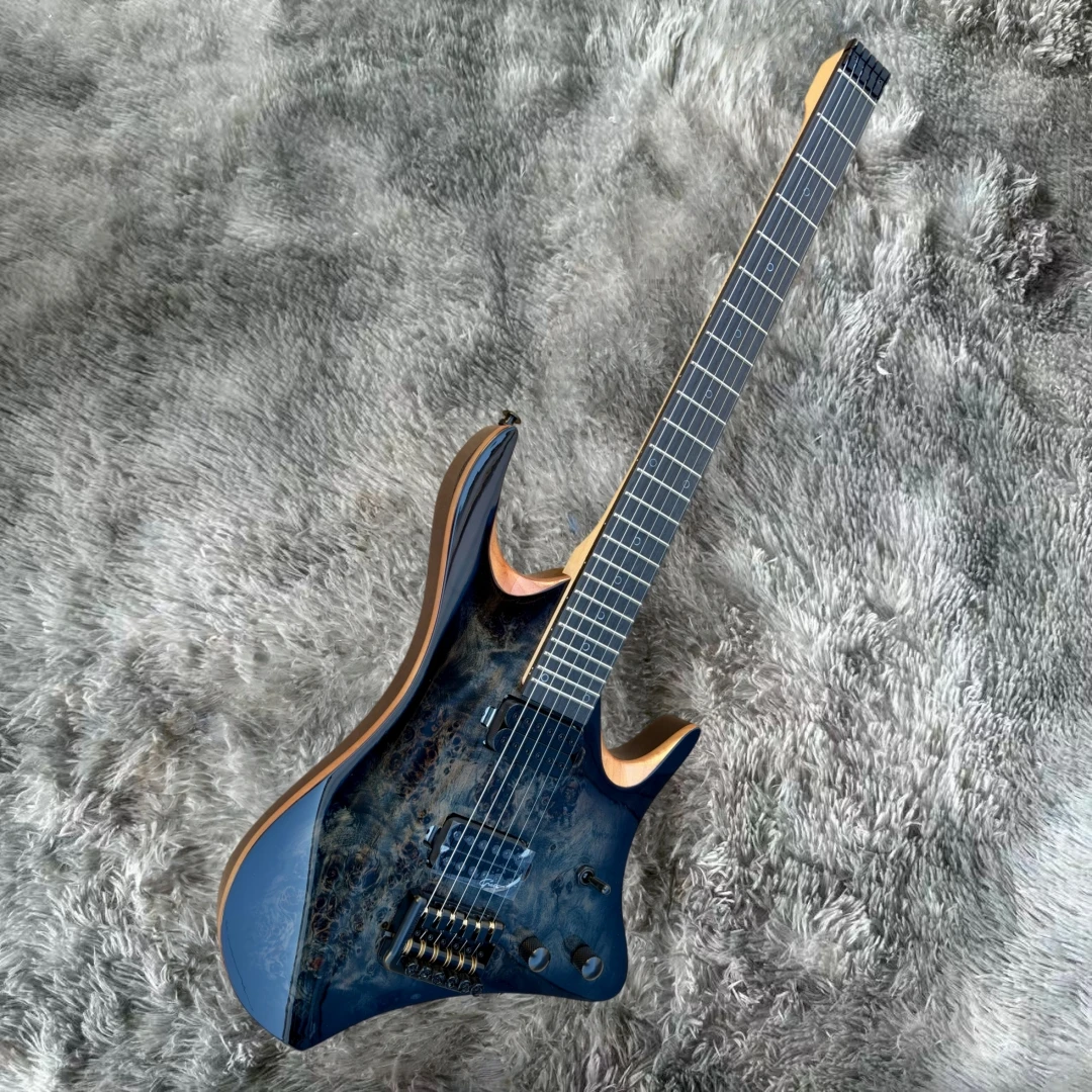 Headless 6 String Electric Guitar, Gloss Dark Blue Burl Wood Top, Dual High Output Humbuckers, Ergonomic Offset Body