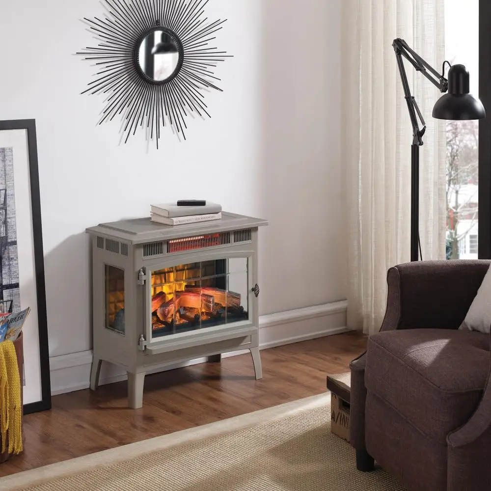 Freestanding Electric Fireplace Stove Heater with 3D Flame Effect for 1,000 Sq. Ft. Room, French Gray