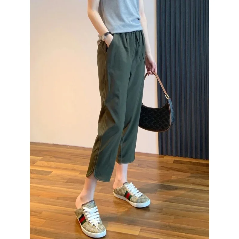 

Women Ice Silk Quick Dry Pants Summer Elastic Waist Loose Straight Leg Casual Trousers
