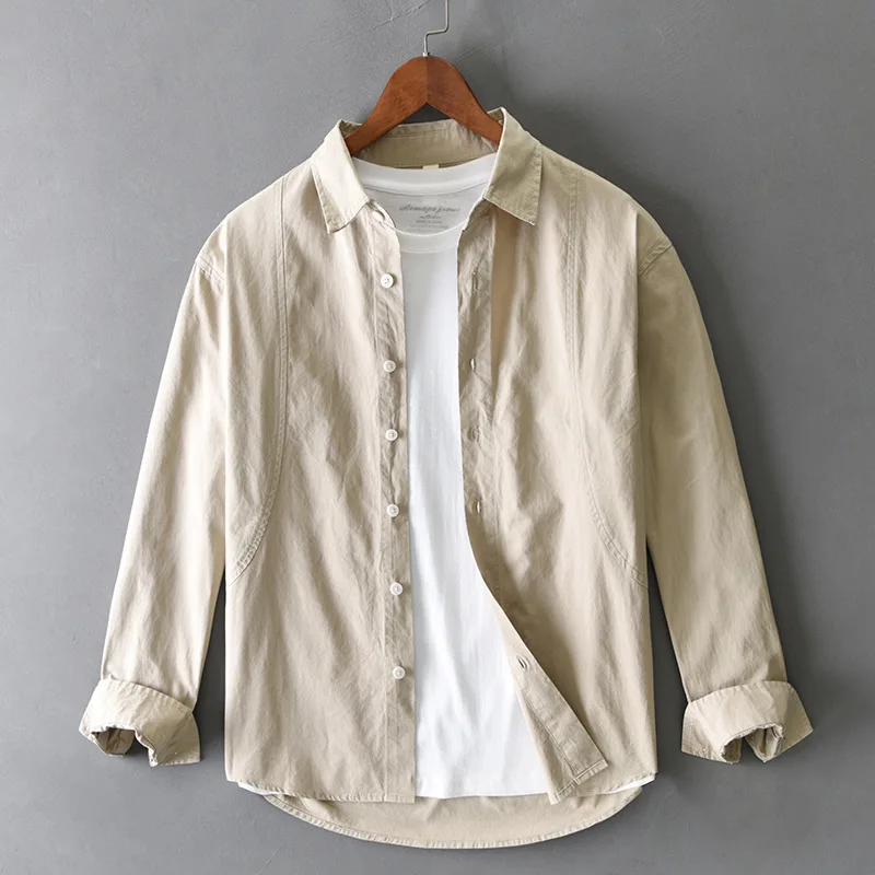 

Spring and autumn new vintage pure color simple high-grade cotton long-sleeved shirt men