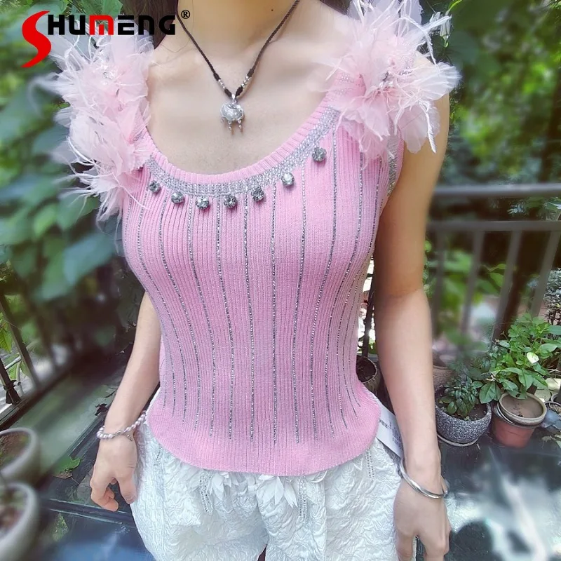 

Women's Clothing short Slings High-Definition Luxury Three-Dimensional Handmade Feather Real Fur Flower Rhinestone Gem Pink Vest