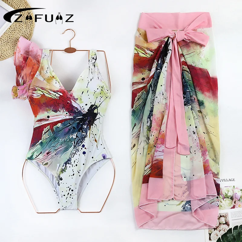 

ZAFUAZ 2024 Retro One Piece Swimsuit Skirt Shoulder Strappy Swimsuit Print Floral Swimwear Women Slimming Bathing Suit Beachwear