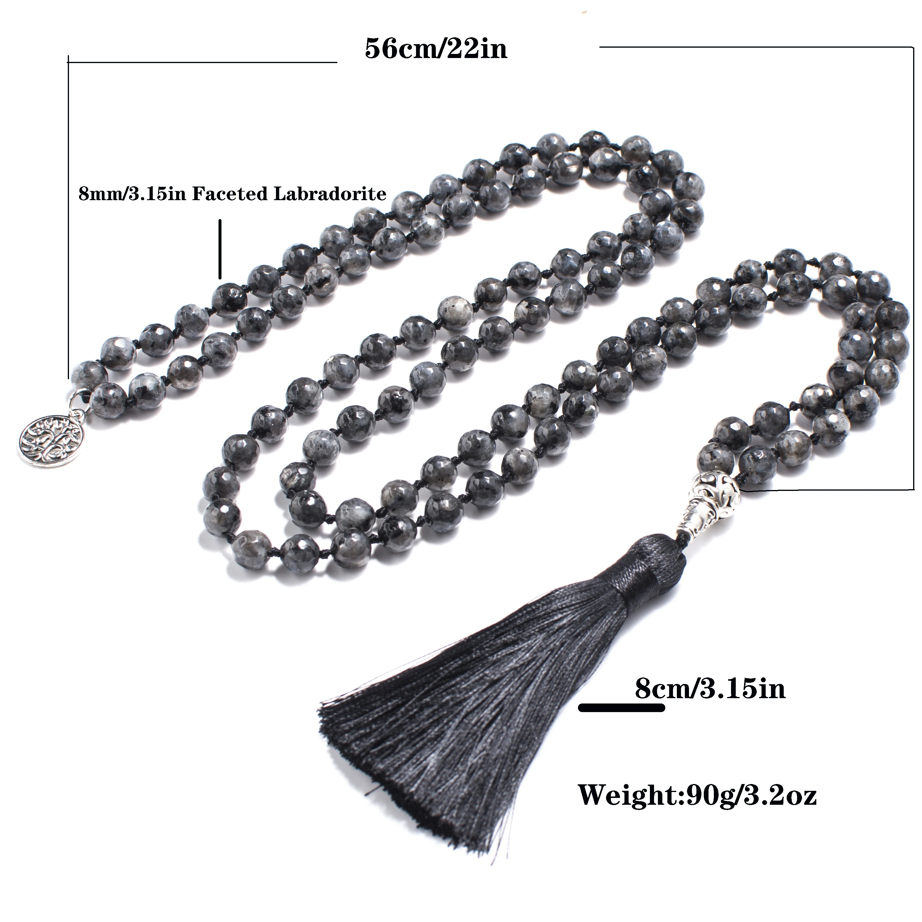 8mm Faceted Labradorite Necklace 108 Mala Beaded Jewelry Meditation Prayer Yoga Japamala Rosary for Men and Women