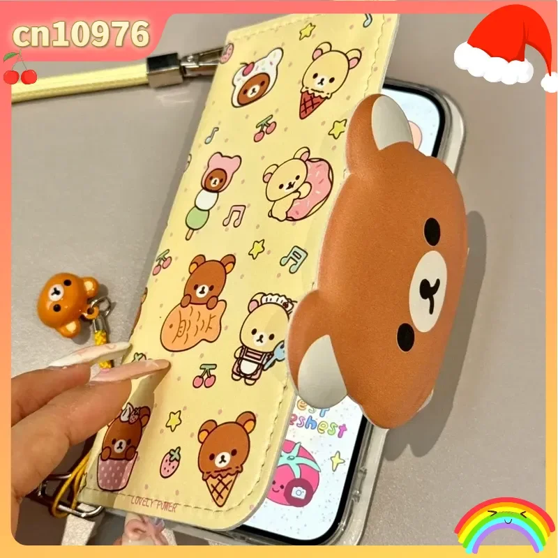 Rilakkuma Cute Cartoon Flip Leather Card Holder Phone Case For Iphone 17 Promax 16 Promax 15 Pro 14 13 Shockproof Cover Women