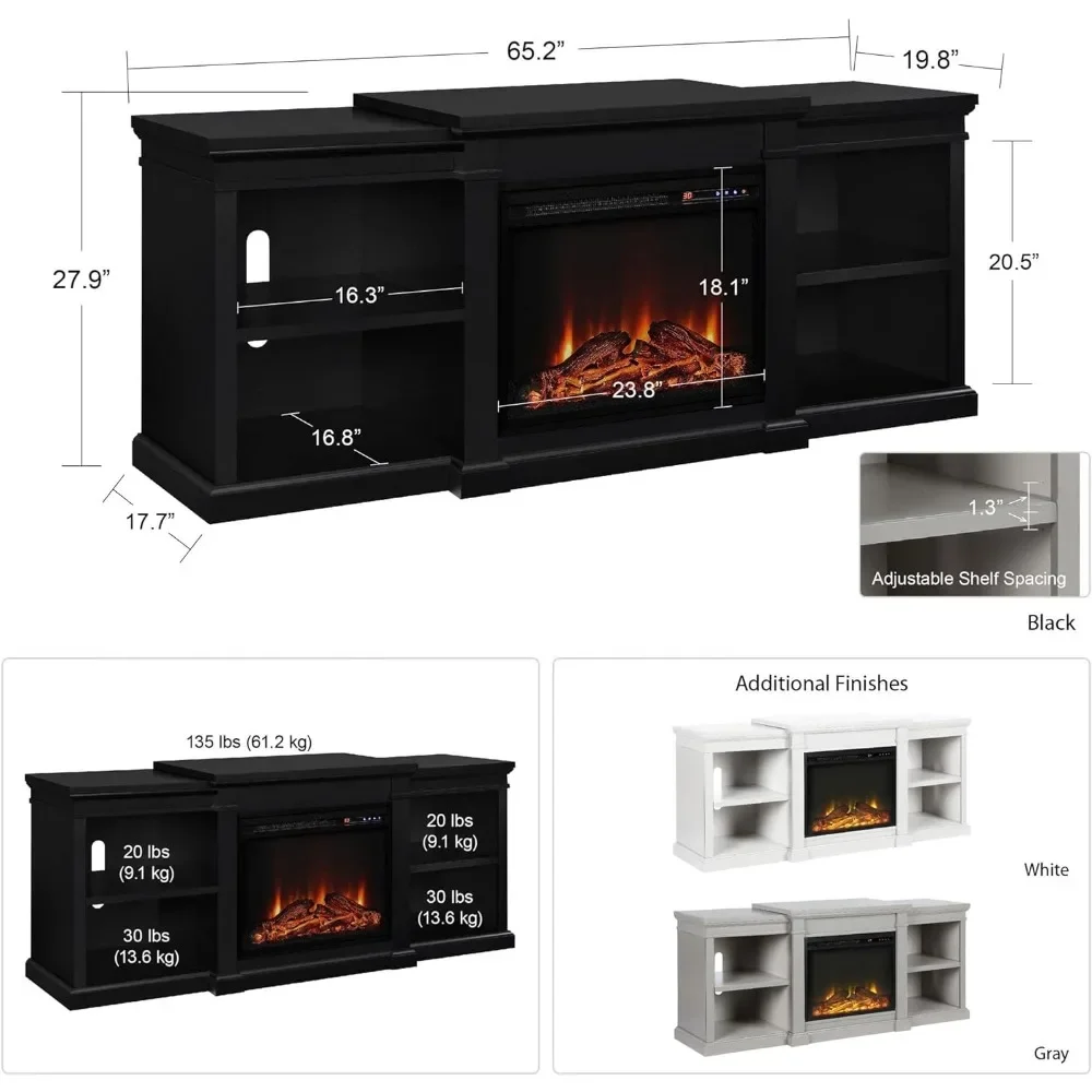 Soporte de TV para chimenea eléctrica para televisores de hasta 70 ", con 4 Estantes abiertos (2 ajustables), ajuste la configuración de calor y ajuste un temporizador