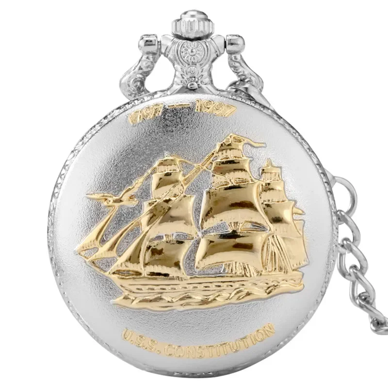 Silver Carved Sailing Canvas Boat Alloy Cover 1797-1997 Fob Quartz Pocket Watch for Men Women with 30Cm Pendant Chain Clock Gift