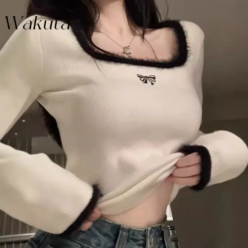 WAKUTA Street Sweetheart Square Neck Long Sleeve White Bottom Shirt Fall Soft Slim Inner Knit Pullover Poleras De Invierno Mujer