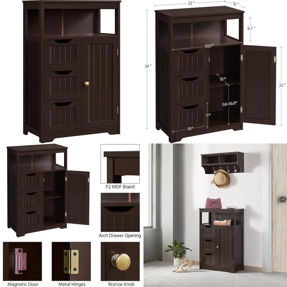 

Wooden 3-Drawer and 1-Cupboard Bathroom Floor Cabinet, Freestanding Storage Organizer for Hallway and Entryway