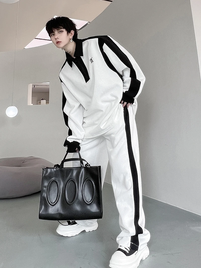 

Faionable Bla White Splice Color Colion Long Sve irt Men's Casual Sports Two-Piece Set Youth Long Pants