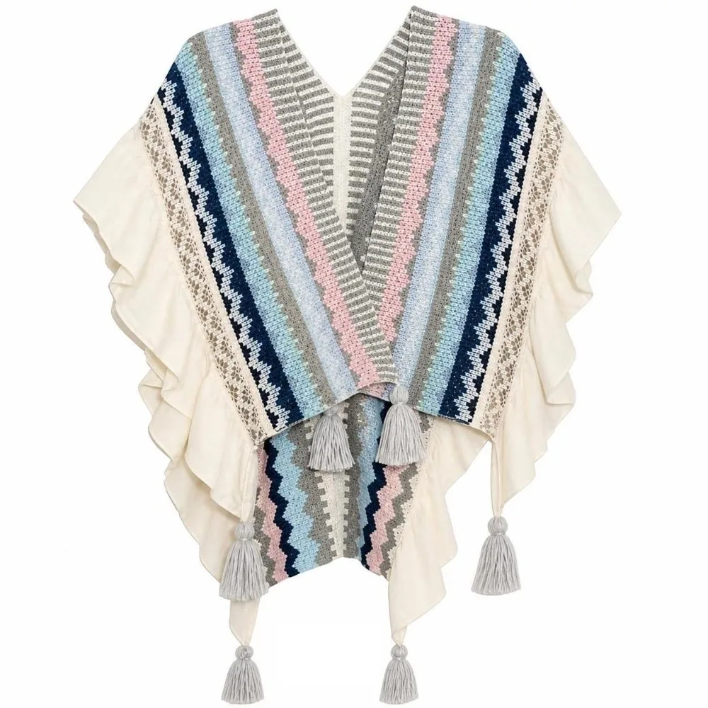 Striped Knit Knit Poncho Shawl Ruffled Hem Faux Cashmere Ethnic Tassel Wrap Loose Fit Warm Winter Knitted Cape Pullover