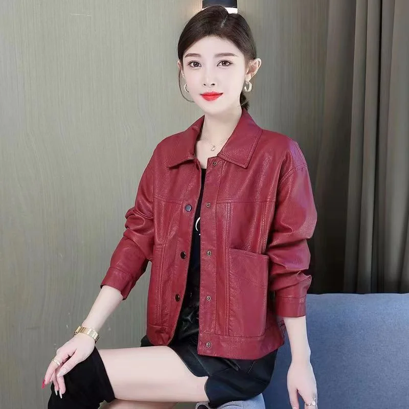 2024 Spring, Autumn Winter Women\'s New Korean Short Fashion Lapels Leather Jacket  Female Casual Fashion Long Sleeve PU Leather