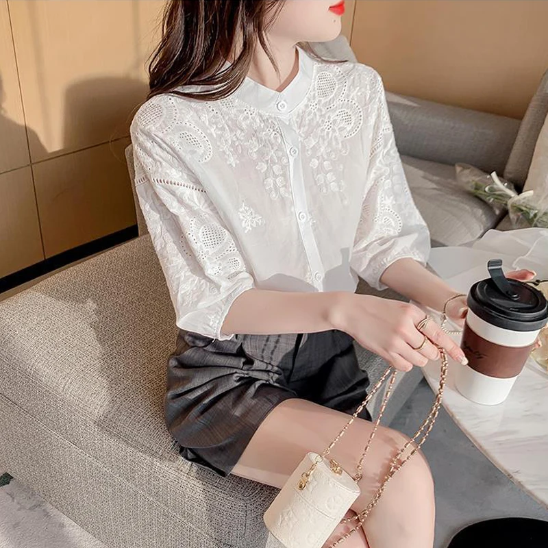 Summer Korean Fashion Vintage Embroidery White Button Up Shirt for Women Casual Chic Sweet Short Sleeve Blouse Top Female Blusas