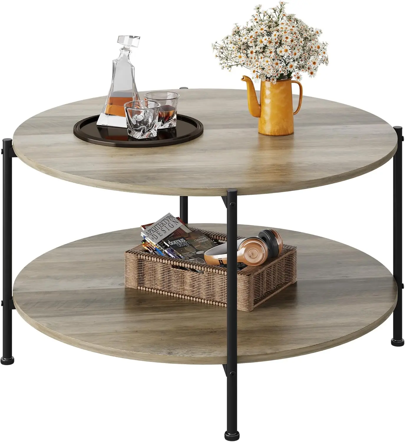 

Round Coffee Table for Living Room, 32.6" Small Coffee Table with Open Storage Shelf, 2-Tier Industrial Circle Wood Center