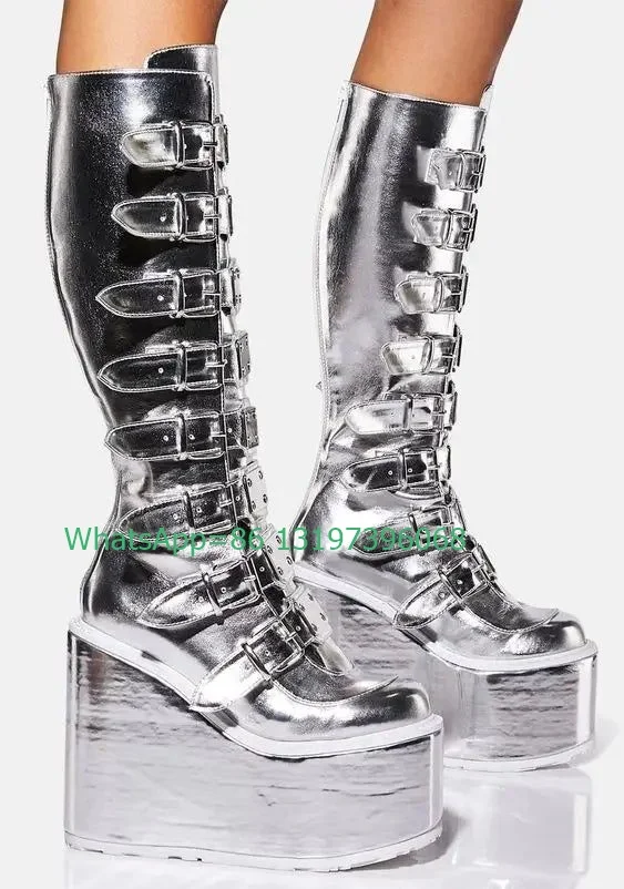 Lady pink wedges heel knee platform boots buckle strap mirror PU boots metallic sliver daily causal dress gothic sexy Mary Jane