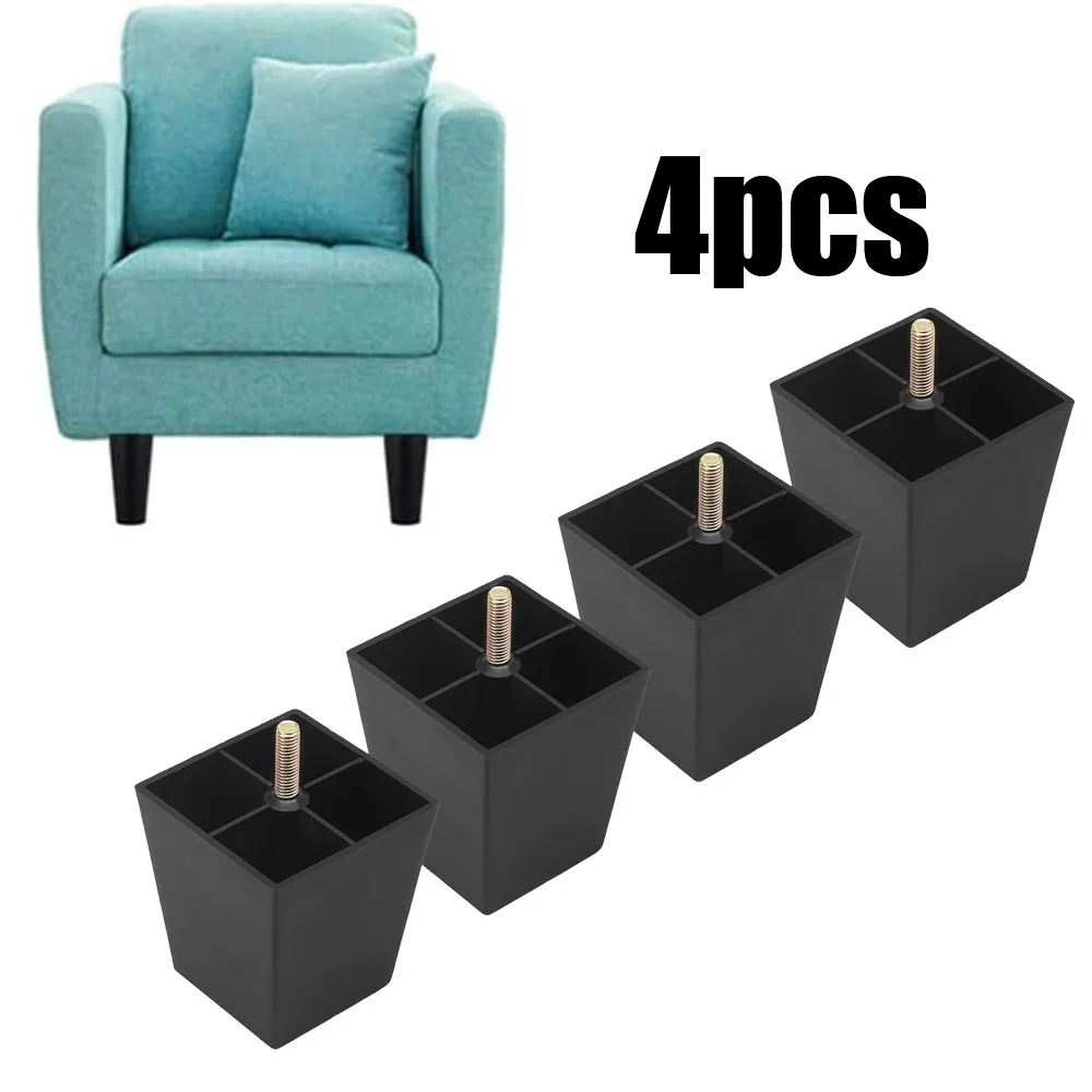 Thread Bolts Plastic Furniture Legs Black Square Sofa Feet with T-Nuts - Couch Feet Replacement - Couch Legs Set of 4