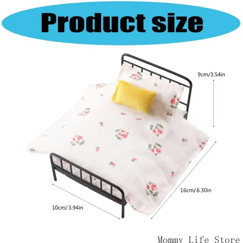 تمثال نموذج سرير حديد مصغر مع لحاف ووسادة لإكسسوارات بيت الدمية 1/12 وعرض المشهد القابل للجمع #6