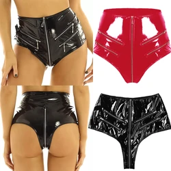 Women PU Leather PVC Exotic Pants High Waist T-back Zipper Open Crotch Panties Latex Fetish Bondage Pants Dance Stage Clubwear