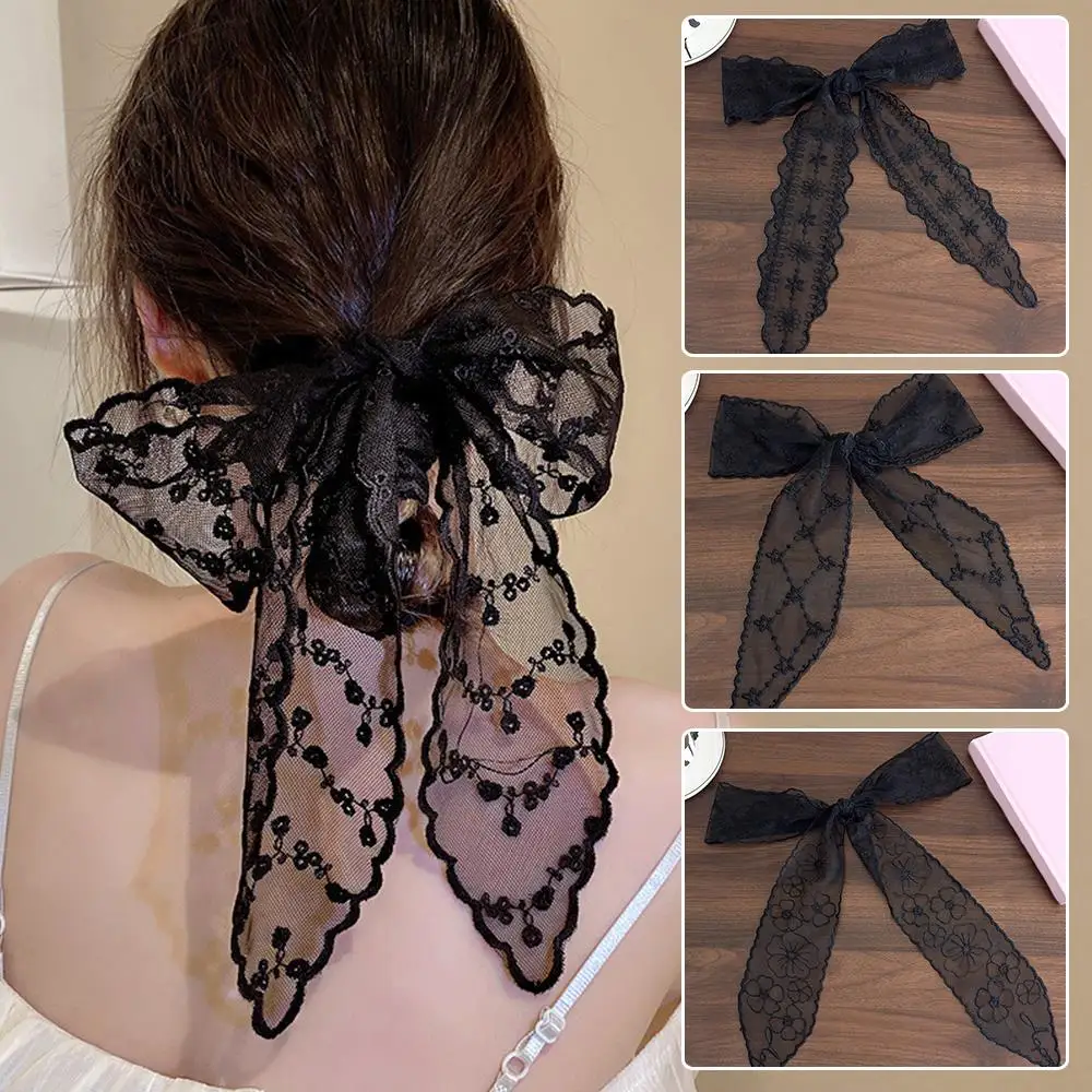 

Lace Flower Long Strip Silk Scarf Black Floral Embroidery Scarves Ribbon Hair Strap Headband Adjustable Hair Rope Hair Scarf
