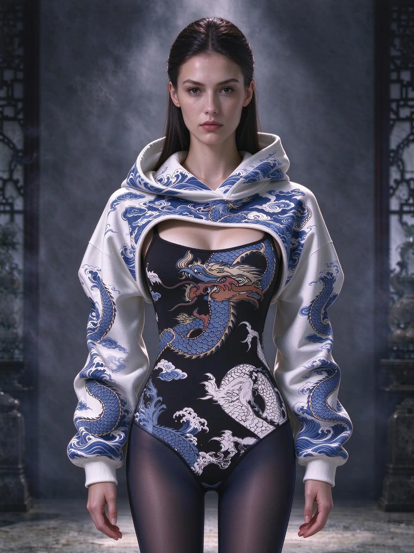 Trendy Oriental Myth Print Women Matching Set, Oversized Hooded Shrug & Bodysuit