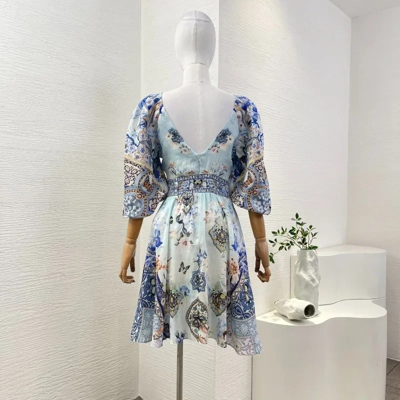 Women's Blue High Mini Dresses Quality Vintage Floral Butterfly Print Half Sleeve Backless Deep V Neck Sweety 2025 for Party