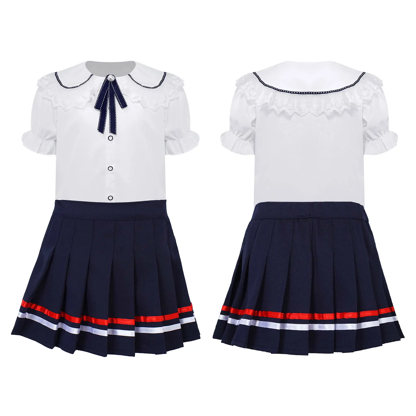 

Japanese Kawaii T-shirt Skirt Suit Kids Girls Lace Trim Collar Puff Sleeve Bowknot Tees Tops+Pleated Skirt School Style Clothes