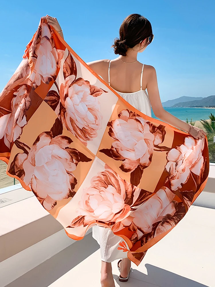 Summer Travel Vacation Elegant Women Silk Scarf Print Sarong Beach Wrap Shawl Lady Sunscreen Bandana Hijab Bohemian Scarve Pareo