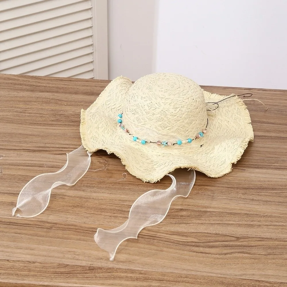 Live Show Breathable Vacation Beach Cap Lightweight with Turquoise Big Brimmed Straw Hat Sombrero with Lace Woven Sun Cap Women